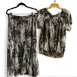 Cato Green and Brown Patterned Skirt Set